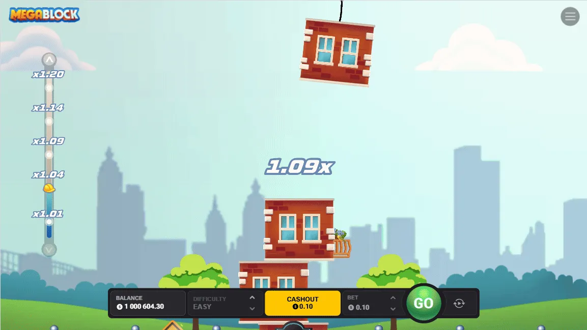 Mega Block desktop gameplay animation showing a live round in progress with the block grid and cashout button