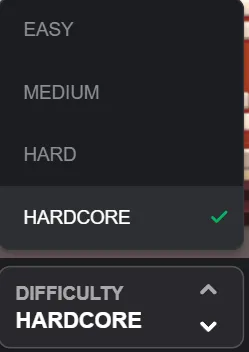 Mega Block difficulty level selector showing Easy, Medium, Hard, and Hardcore options