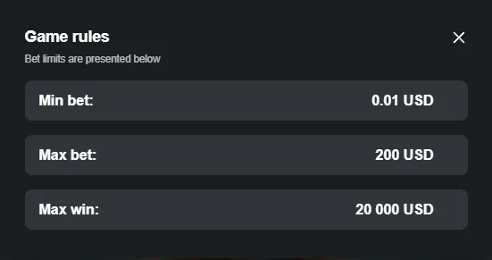 Mega Block game rules panel showing min bet 0.01 EUR, max bet 200 EUR, and max win 20,000 EUR