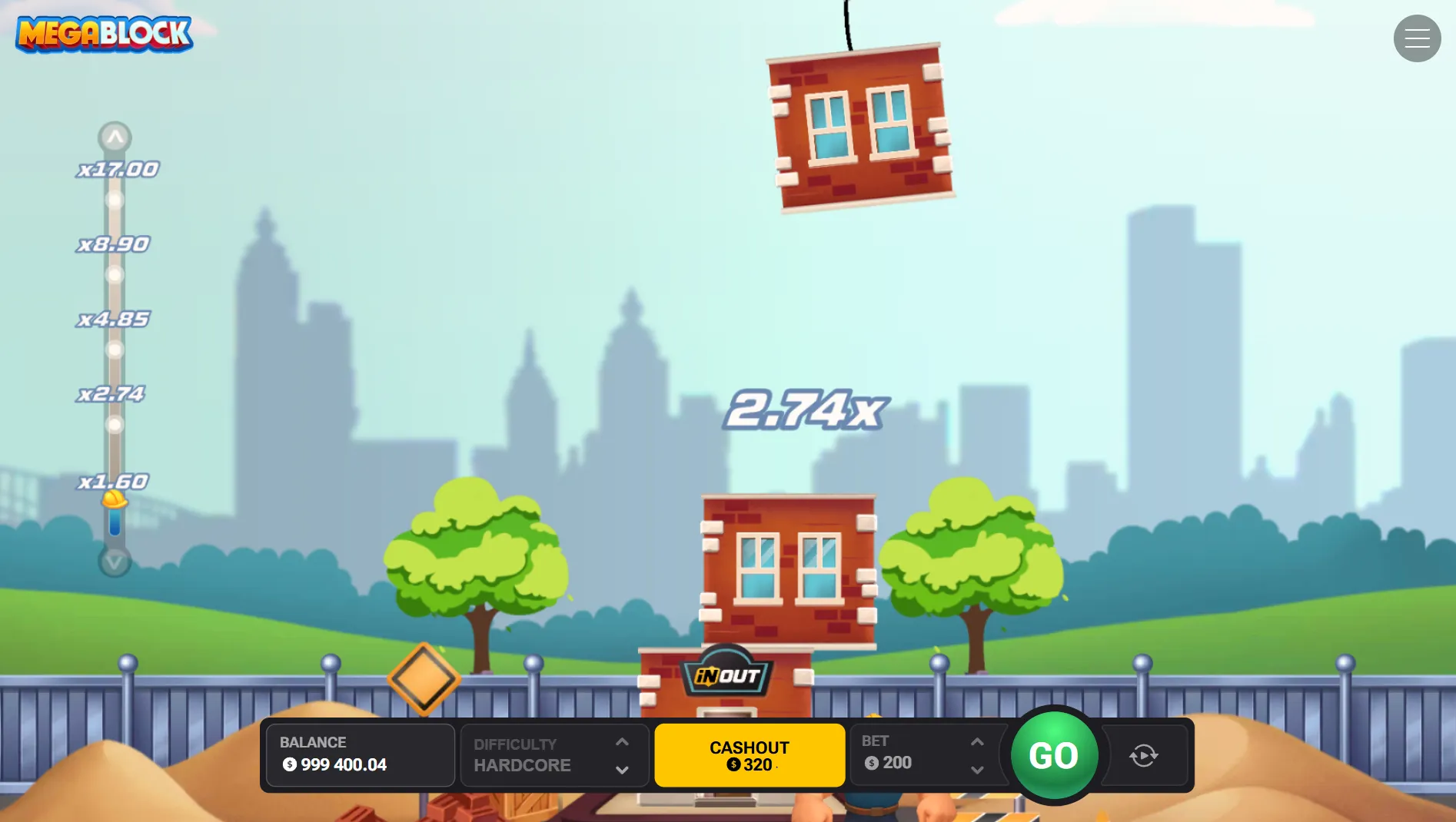 Mega Block Hardcore mode gameplay at 2.74x multiplier with blocks stacked on the tower