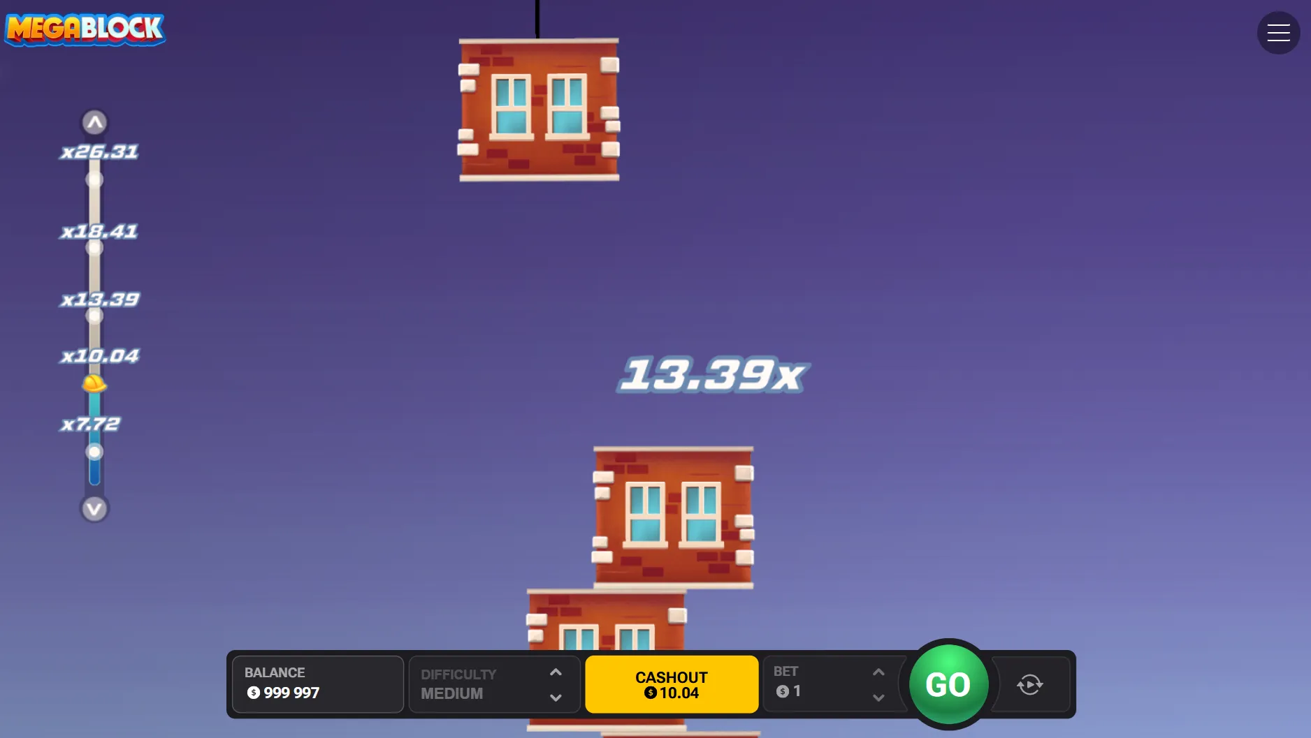 Mega Block Medium mode showing a high multiplier being reached mid-tower with the multiplier display prominently visible