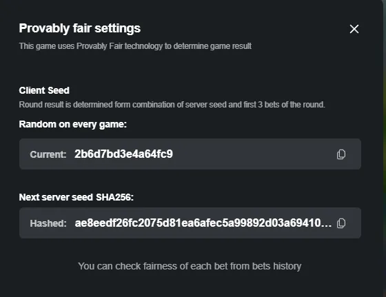 Mega Block provably fair settings panel showing client seed with current hash value and next server seed SHA256 hash