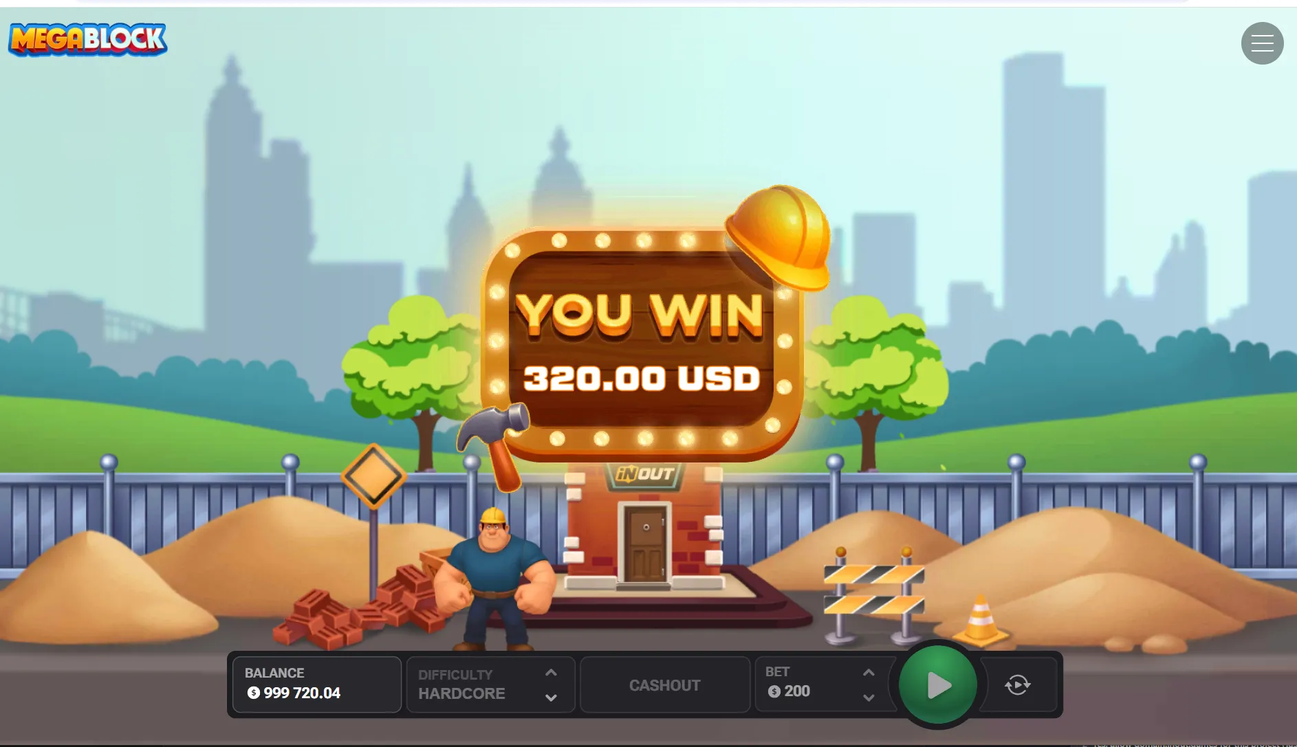 Mega Block win screen showing €320 payout